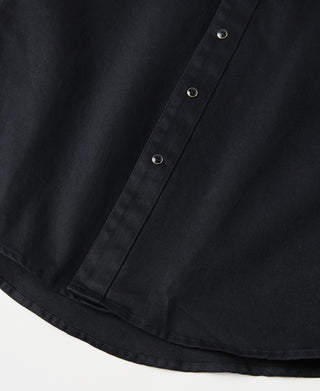 Black western shirt front placket with contrast snaps and banded collar