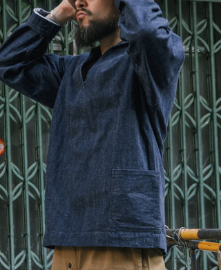 Indigo dungaree pullover jumper with chest pocket and zip-front, long sleeves
