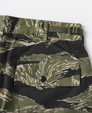 Tiger stripe camo fatigue pants with belt loops and buttoned waistband