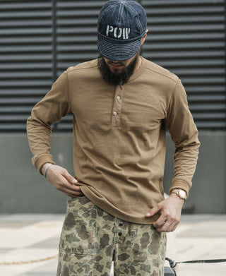 Khaki long-sleeve henley shirt with henley collar and buttons