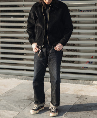 Black corduroy zip-up jacket, stand collar, front zipper and side pockets