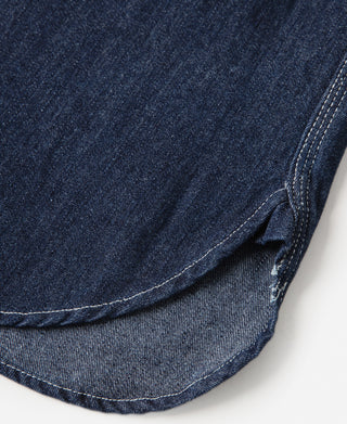 Denim workshirt curved hem with reinforced stitching, dark blue denim