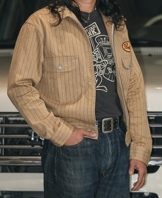 Khaki striped motorcycle mechanic chore coat with button placket and patch chest pockets