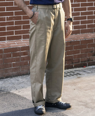 Khaki straight-leg work pants with buttoned waistband and belt loops