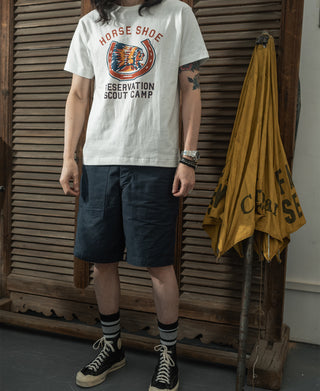 Navy fatigue utility shorts, mid-thigh length, side pockets