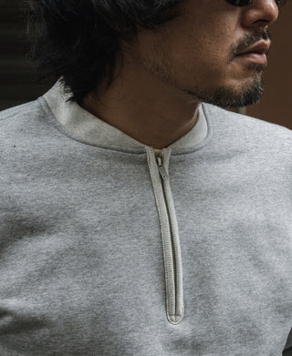 Gray fleece half-zip sweatshirt with quarter-zip closure and zipper pull