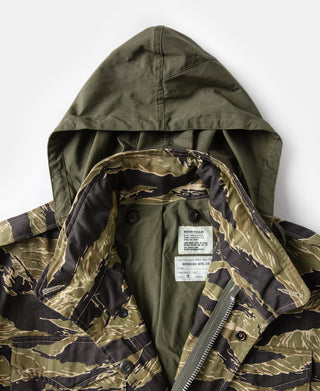 Tiger stripe camo field jacket with hood, open front, and inner lining with label