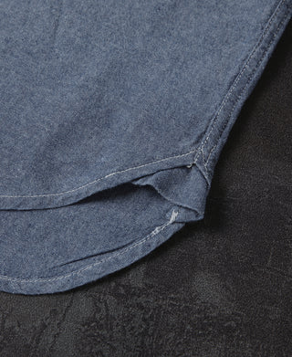 Blue chambray work shirt curved hem with stitched seam