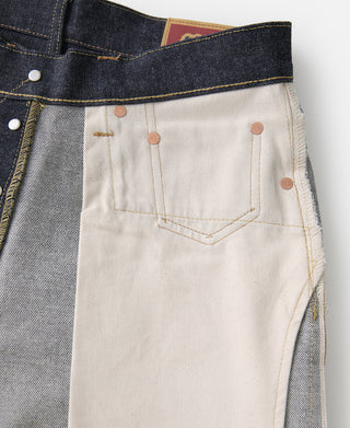 Selvedge denim jeans interior pocket lining with visible rivets and stitching