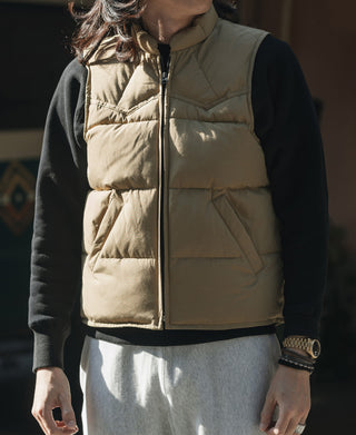 Khaki quilted padded vest with stand collar, full zipper, and chest pocket