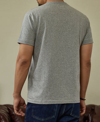 Gray crewneck athletic T-shirt, back view, short sleeves and straight hem