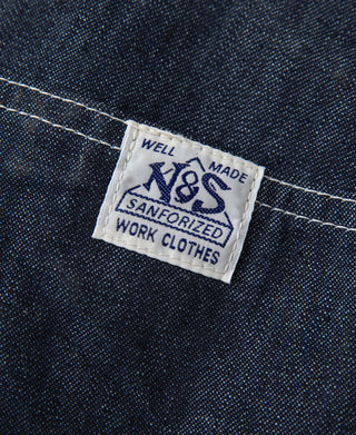 Indigo denim painter pants label patch with "Well Made" and "Sanford Work Clothes"