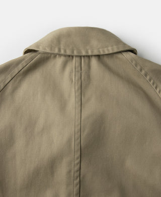 Khaki all-weather trench coat back yoke with stand collar