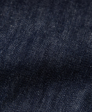 WWII Type 1 selvedge denim jacket, dark indigo, close-up of woven denim texture