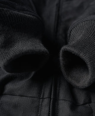 Black reversible deck jacket ribbed cuff and seam close-up