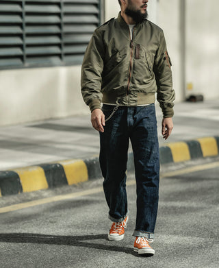 Olive bomber-style flight jacket with zipped front and flap chest pockets