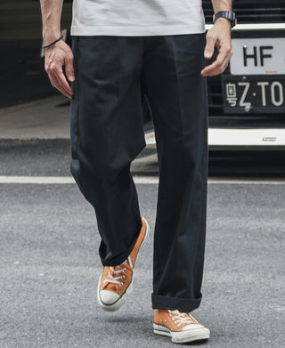 Black straight-leg work pants with straight seams and ankle-length hem