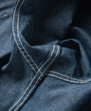 Blue chambray work shirt folded collar and neckline edge stitching
