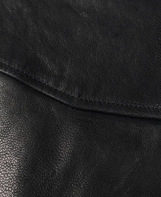 Black leather jacket shoulder seam and fold detail