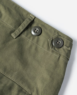 Olive fatigue pants leg with button detail and stitched pocket flap