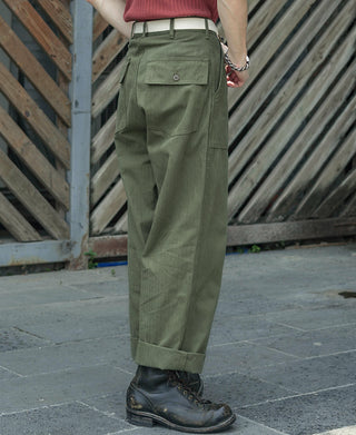 Olive utility fatigue pants with side pocket and straight leg fit