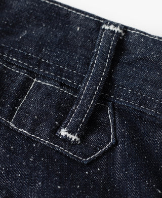 Indigo denim carpenter pants pocket with contrast bartack stitching detail
