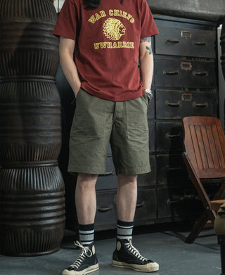 Olive fatigue utility shorts, mid-length relaxed fit with cargo pockets