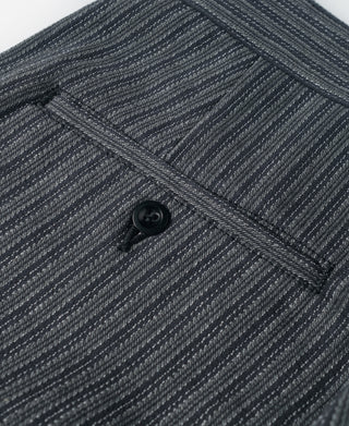 Waistband seam and buttoned fly detail on dark striped pants