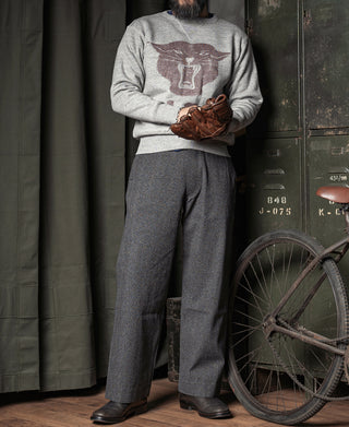 Gray long-sleeve sweater with large panther graphic on back and ribbed waistband