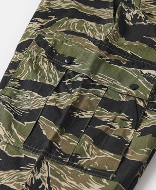 Tiger stripe camo cargo fatigue pants with flap pockets and button closures