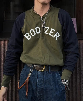 Olive quarter-zip long-sleeve t-shirt with Boo Zer chest graphic and navy sleeves