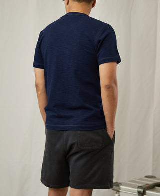 Indigo cotton t-shirt with crew neck, back view with short sleeves