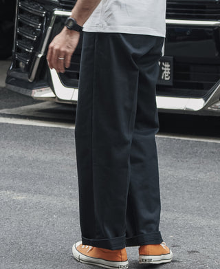 Black straight-leg work pants with roomy fit and straight leg opening