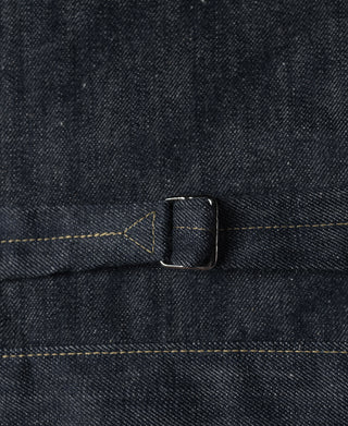 Indigo selvedge denim jacket waistband button closure with metal button
