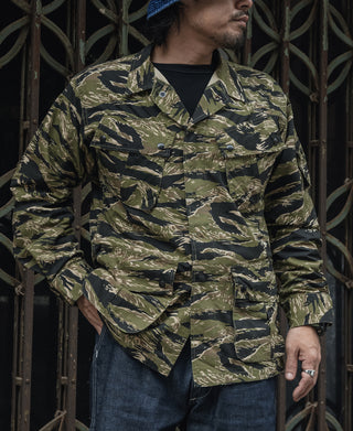 Tiger stripe camo fatigue jacket with button-front, stand collar, long sleeves
