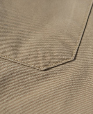 Khaki combat pants pocket corner with reinforced edge stitching