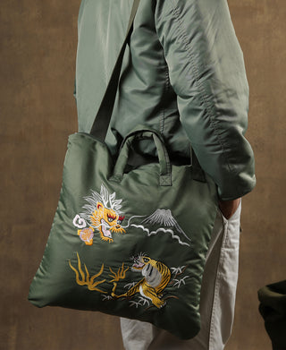 Olive embroidered helmet bag with shoulder strap and dragon-tiger front panel