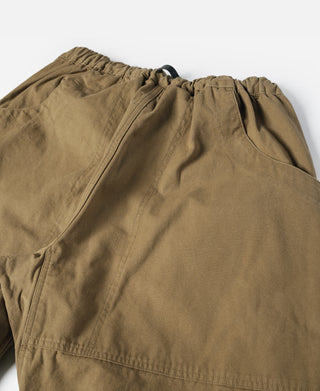 Khaki cotton canvas climbing pants with elastic waistband, gathered top