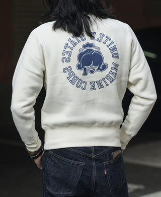 White raglan sweatshirt with large blue “United States Marine Corps” back graphic.