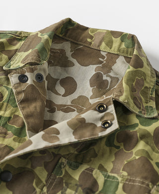 Camouflage duck hunter camo jacket, button front and snap-flap pockets