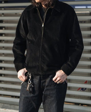 Black corduroy zip-up jacket with gold-toned zipper, stand collar, pockets
