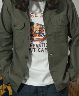 Olive fatigue utility shirt close-up: chest flap pockets and button front