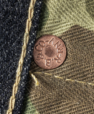 Indigo denim jeans close-up of copper button and inside pocket lining