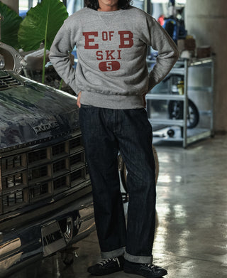 Gray sweatshirt sweater with red "E OF B SKI 5" graphic and ribbed cuffs