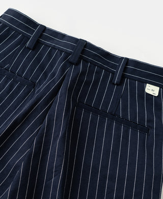 Navy pinstripe trousers with belt loops, pleated waist, and front button closure