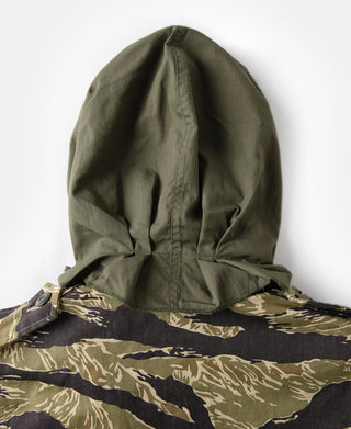 Tiger stripe camo field jacket with green hood and dark camouflage lower section