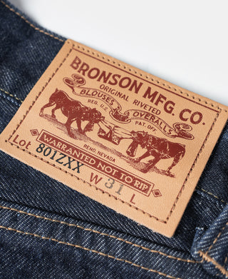 BRONSON MFG CO denim label on indigo selvedge jeans, Lot 801ZXX W3TL