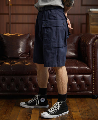 Navy P-44 utility shorts with front buttoned pockets and cargo flap