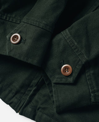 Dark green jacket cuffs with brown buttons and stitched placket detail