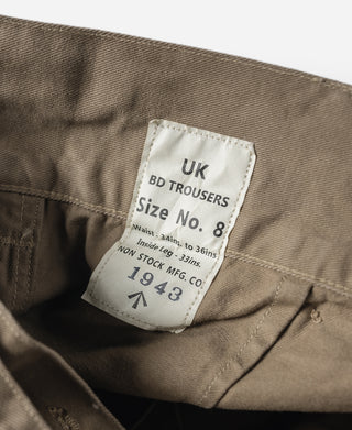 Khaki trousers interior label: UK BD Trousers, size No. 8, waist 34–36 in